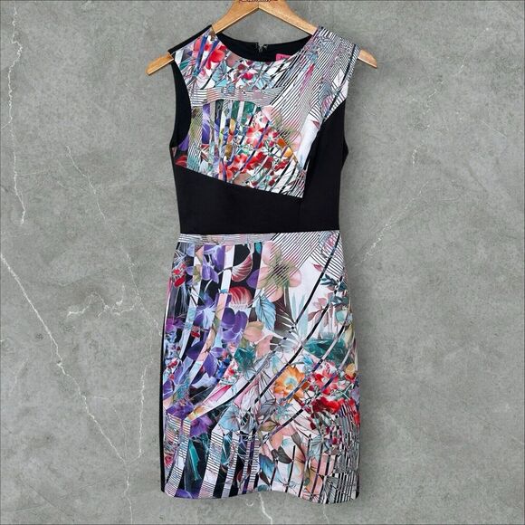 Betsey Johnson Floral Abstract Sheath Dress Size 2 Sleeveless Stretch Black - Picture 1 of 5